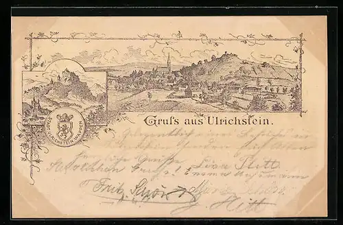 Lithographie Ulrichstein, Panorama der Ortschaft, Wappen