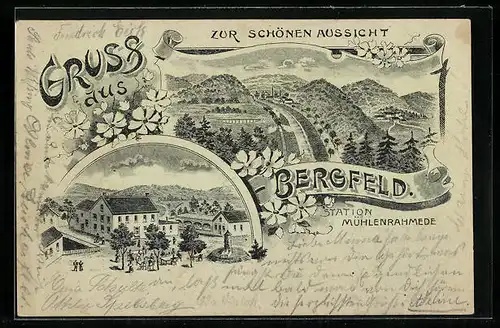 Lithographie Bergfeld / Mühlenrahmede, Gasthaus zur schönen Aussicht, Landschaftspanorama