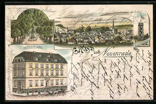 Lithographie Neuenrade, Gasthof & Hotel von Heinrich Schroeder, Panorama der Ortschaft