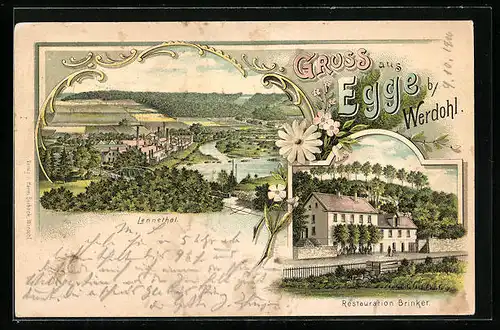 Lithographie Egge b. Werdohl, Restauratin Brinker, Lennethal mit Eisenbahnbrücke