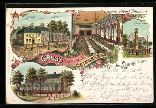 Lithographie Lüttringhausen, Gasthaus Düringerhof, Aussen - und Innenansichten