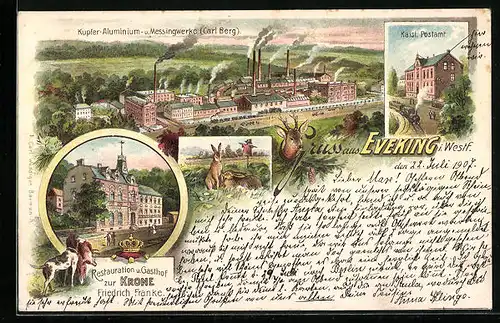 Lithographie Eveking i. Westf., Kupfer-Aluminium & Messingwerke Carl Berg, Gasthof zur Krone v. Friedrich Franke