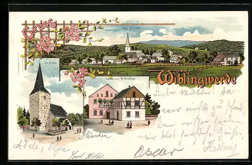 Lithographie Wiblingwerde, Restaurant W. Winkhaus, Kirche, Total-Ansicht
