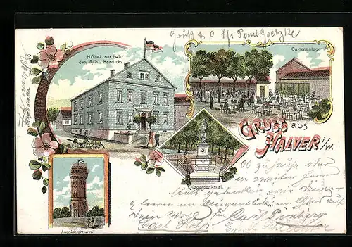 Lithographie Halver i. W., Hotel zur Fuhr v. Reinh. Handicks, Aussichtsturm, Kriegerdenkmal