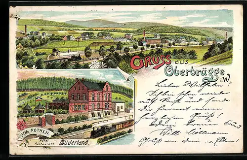 Lithographie Oberbrügge i. W., Hotel & Restaurant Süderland, Panorama mit Eisenbahn