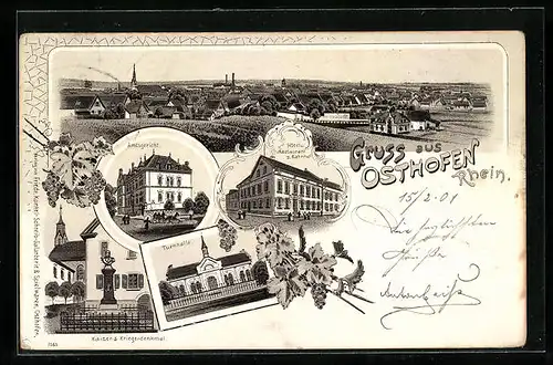 Lithographie Osthofen / Rhein, Hotel-Restaurant zum Bahnhof, Amtsgericht, Turnhalle