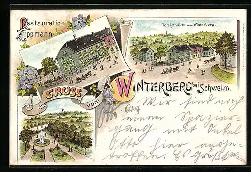 Lithographie Schwelm-Winterberg, Restaurant Zippmann, Strassenpartie aus der Vogelschau