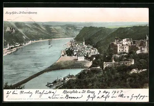 AK St. Goar, Ortsansicht mit Rheinfels, Burg Katz und St. Goarshausen