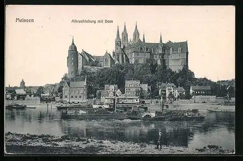 AK Meissen, Albrechtsburg mit Dom, Dampfer auf der Elbe