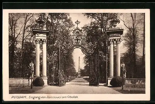 AK Potsdam, Sanssouci, Eingang am Obelisk