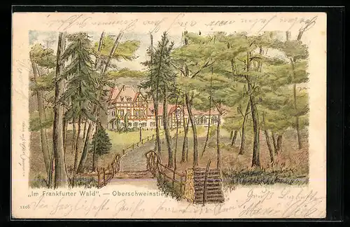 Lithographie Frankfurt a. M., Im Frankfurter Wald, Gasthaus Oberschweinstiege