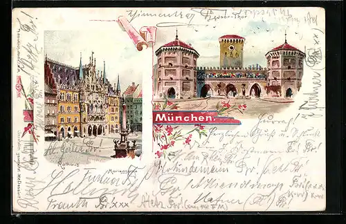 Lithographie München, Rathaus mit Mariensäule und Isar-Tor