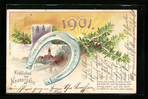 AK Fröhliches neues Jahr, Dorflandschaft und Hufeisen
