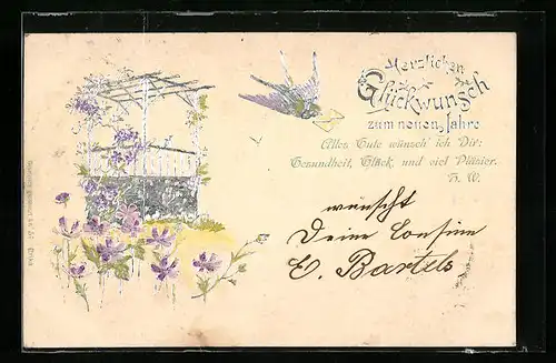 AK Schwalbe mit Brief zu Neujahr