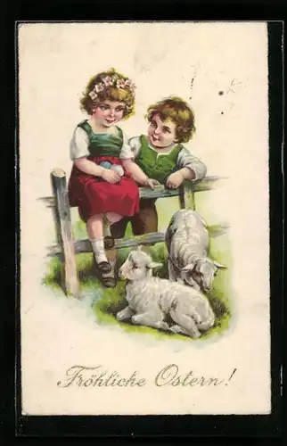 AK Kinder am Zaun mit Osterlämmern