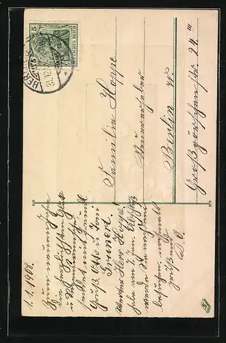 AK Prosit Neujahr, Hufeisen und Kleeblätter