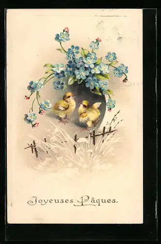 AK Osterküken mit Vergissmeinnicht