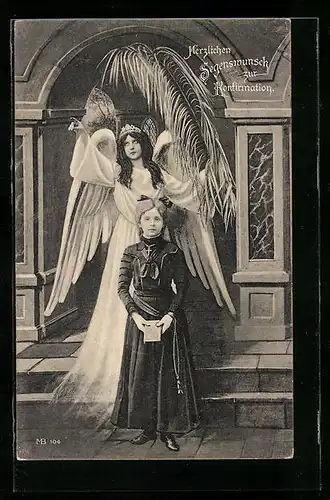 AK Glückwunsch zur Konfirmation, Junge Dame mit Schutzengel