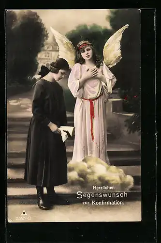 AK Junge Dame mit Schutzengel auf den Treppen