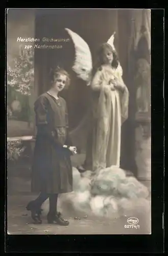 AK Glückwunsch zur Konfirmation, Schutzengel mit junger Dame
