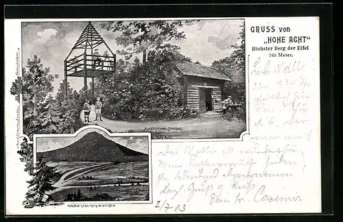 Lithographie Hohe Acht /Eifel, Aussichtsturm u. Blockhaus