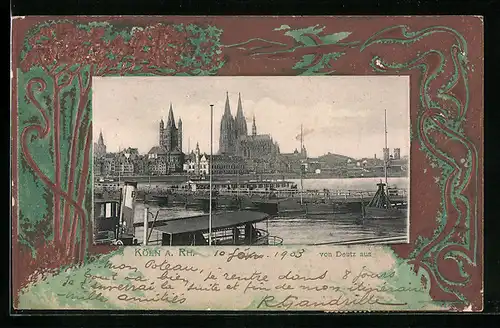 Präge-AK Köln a. Rh., Blick auf Fluss mit Booten