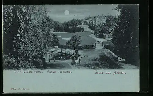 Mondschein-AK Barmen, Parthie aus den Anlagen, Eingang z. Ringelthal