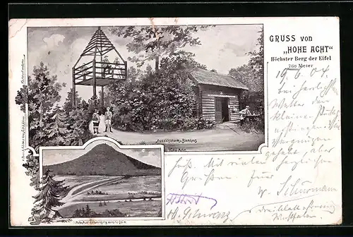 Lithographie Hohe Acht /Eifel, Aussichtsturm u. Blockhaus