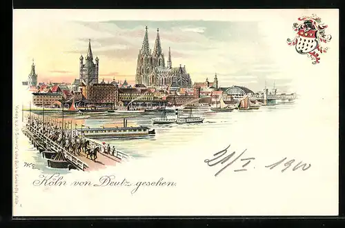 Lithographie Köln, Blick auf die Stadt von Deutz aus gesehen