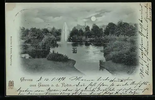 Mondschein-AK Essen a. d. Ruhr, Blick auf den Stadtgarten mit Teich