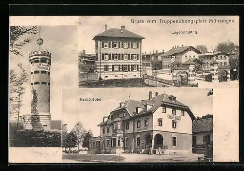 AK Münsingen, Hardt-Hotel, Lageriengang des Truppenübungsplatzes, Turm Falkenhausen