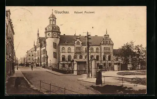 AK Glauchau, Strassenpartie am Kaiserlichen Postmat, Litfasssäule