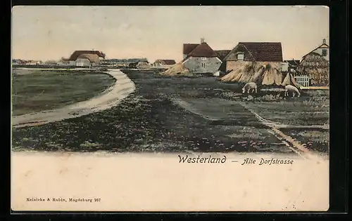 AK Westerland, Blick entlang der alten Dorfstrasse mit alten Katen