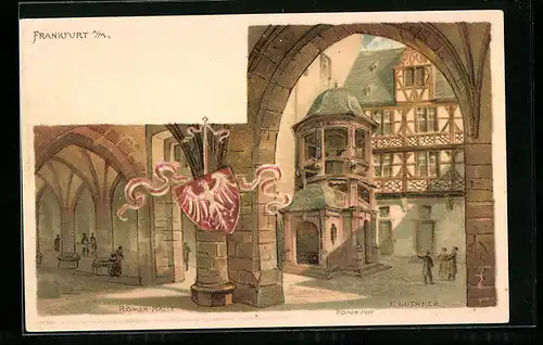 Lithographie Alt-Frankfurt, Römer-Halle und Römer-Hof