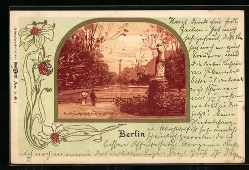Lithographie Berlin, Goldfischteich und Statue im Tiergarten