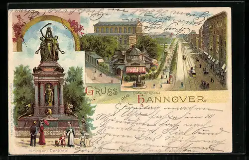 Lithographie Hannover, Cafe Kröpcke mit Strassenbahn, Krieger-Denkmal