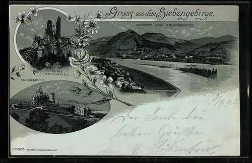 Mondschein-Lithographie Drachenfels /Siebengebirge, Ruine Drachenfels, Drachenburg, Aussicht vom Rolandsbogen