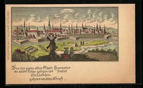Lithographie Hannover, Teilansicht mit Windmühle 1750