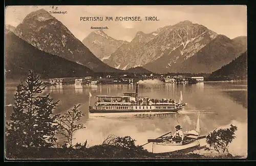 AK Pertisau am Achensee, Dampfer auf dem See gegen Tristenkopf und Sonnenjoch