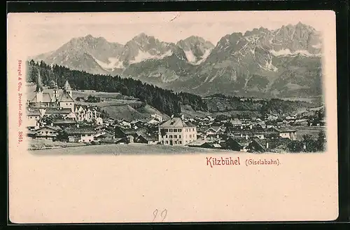 AK Kitzbühel /Giselabahn, Ortsansicht gegen das Gebirge