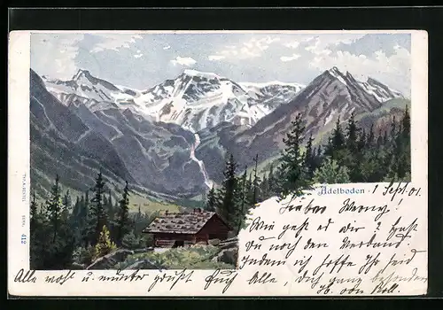 Lithographie Adelboden, Hütte mit Bergpanorama