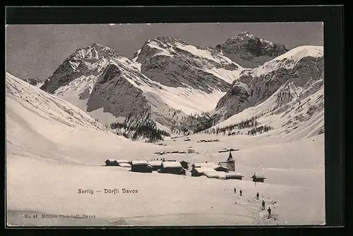 AK Davos, Ortsansicht im Schnee, Sertig-Dörfli