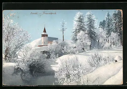 AK Davos, Frauenkirch im Schnee
