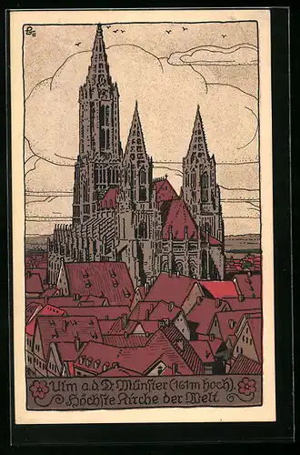 Steindruck-AK Ulm, Münster mit Umgebung