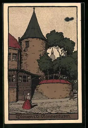 Steindruck-AK Plauen i. V., Spaziergänger am Nonnenturm
