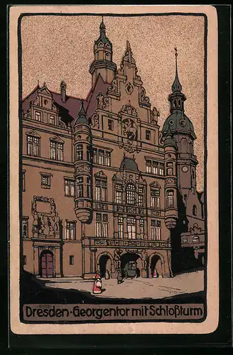 Steindruck-AK Dresden, Georgentor mit Schlossturm
