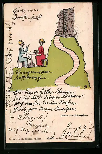 Lithographie Drachenfels, Schwiegermütter-Kaffeekränzchen, gestaltet wie Holzspielzeug