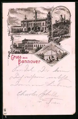 Lithographie Hannover, Theater, Palmenhaus in Herrenhausen, Technische Hochschule
