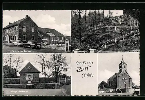 AK Rott / Eifel, Gasthaus Peters, Hauptstrasse 11, Kirche, Kriegerdenkmal