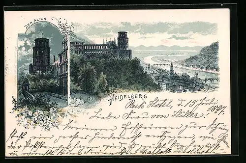 Lithographie Heidelberg, Teilansicht, Der Altan
